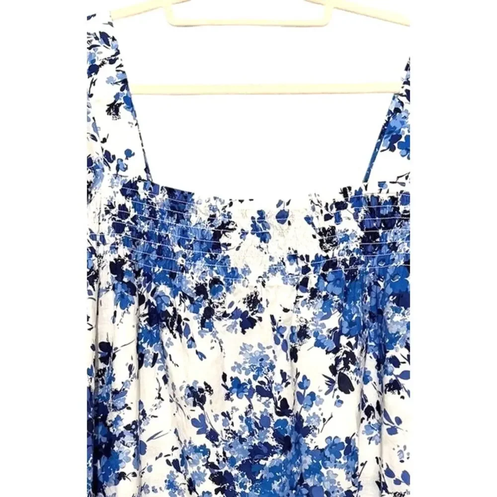 Tuckernuck Blue & White Floral Smocked Square-Neck Blouse